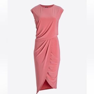 Crew Neck Cap Sleeve Ruched Draped Midi Sheath Dress